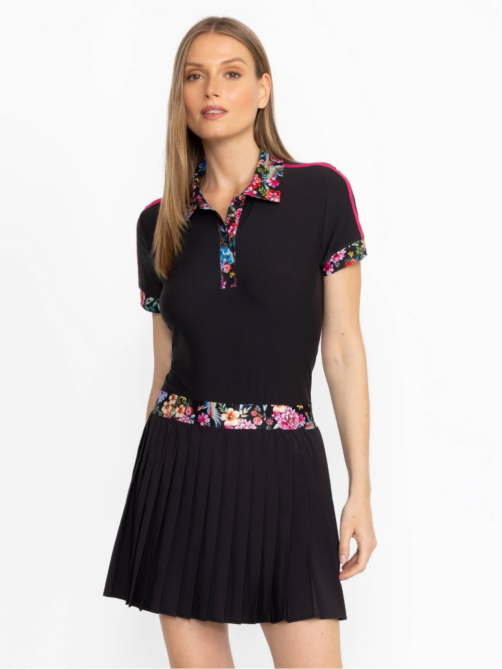 Johnny Was Activewear Black Polo with Floral Trim S